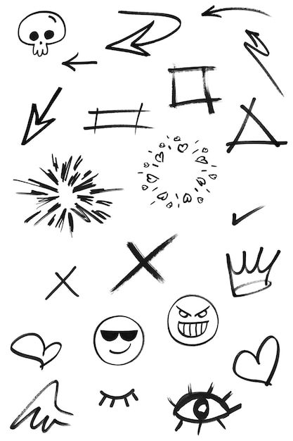 Elementos de marcador linhas de setas desenhadas à mão e emoji