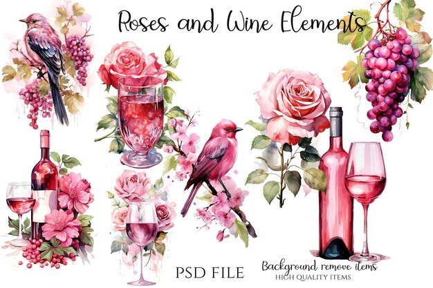 PSD elementos de rosas e vinho