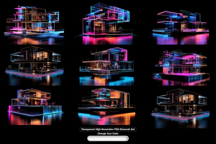 PSD elementos de diseño arquitectónico moderno con luces de neón en formato transparente