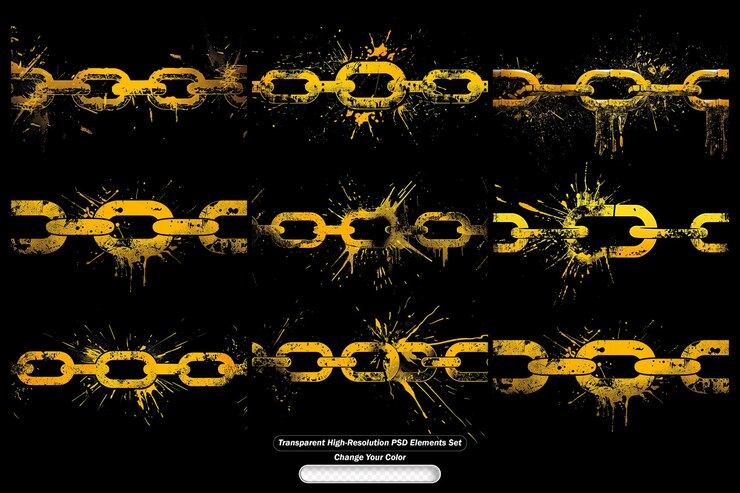 PSD elementos de diseño creativos con cadenas amarillas con efectos de salpicaduras en un fondo texturizado