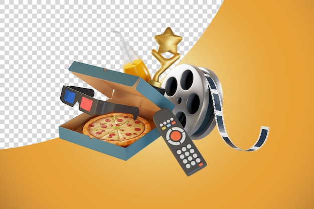 PSD elementos de películas caseras carretes de película gafas 3d remotas pizza jugo de naranja placas de premio 3d render ilustración