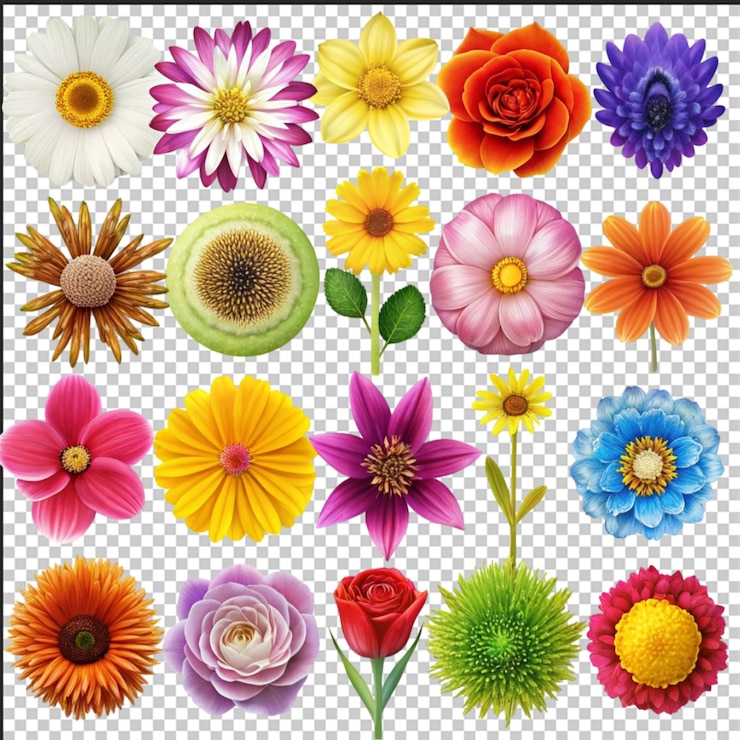 PSD elementos vectoriales florales abstractos con diferentes tipos de flores exóticas de verano, plantas, ilustraciones, colección de dibujos animados de estilo retro, groovy, funky, ingenuo, flores silvestres de primavera, pegatinas clipart.
