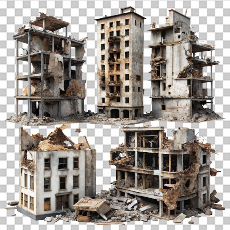PSD elementos vfx de edificios destruidos en un fondo transparente