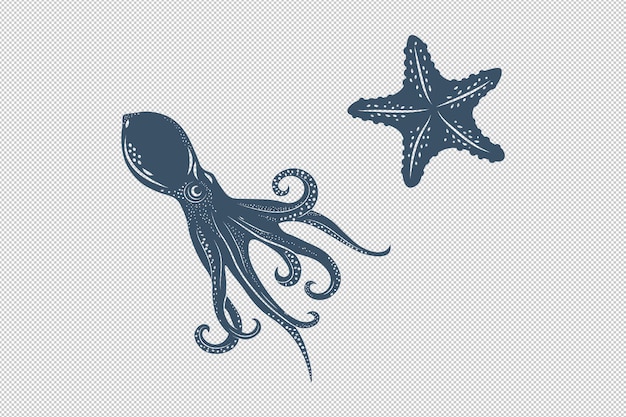 PSD Éléments décoratifs isolés de poulpe monochrome et d'étoile de mer