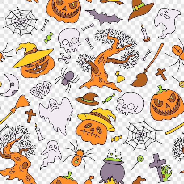 Éléments De Fête D'halloween Illustration De Fond Transparente Motif Ensemble D'icônes En Dessin Animé