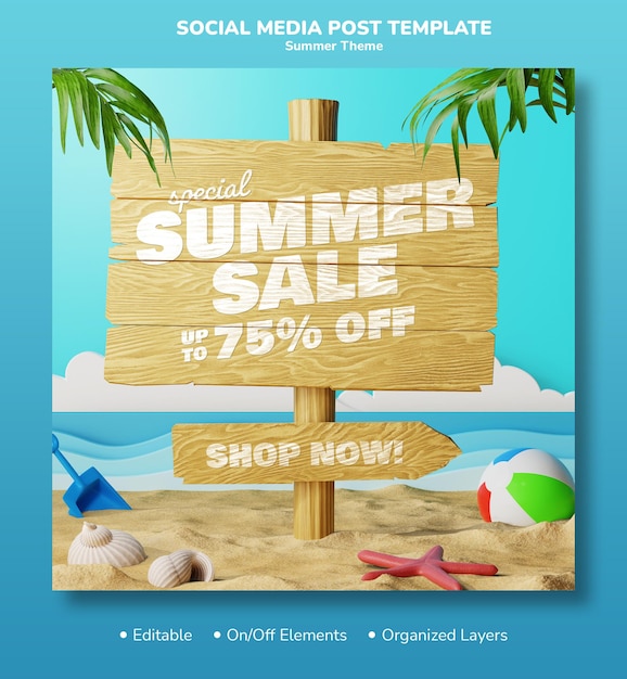Éléments de rendu 3d plage vente d'été modèle de conception de poste carré de médias sociaux instagram spécial