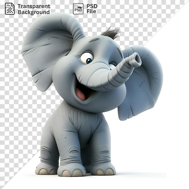 PSD un éléphant de dessin animé 3d isolé qui trompette avec sa trompe en l'air avec un corps gris, une bouche ouverte et des yeux bleus et blancs avec un pied et une jambe blancs visibles au premier plan