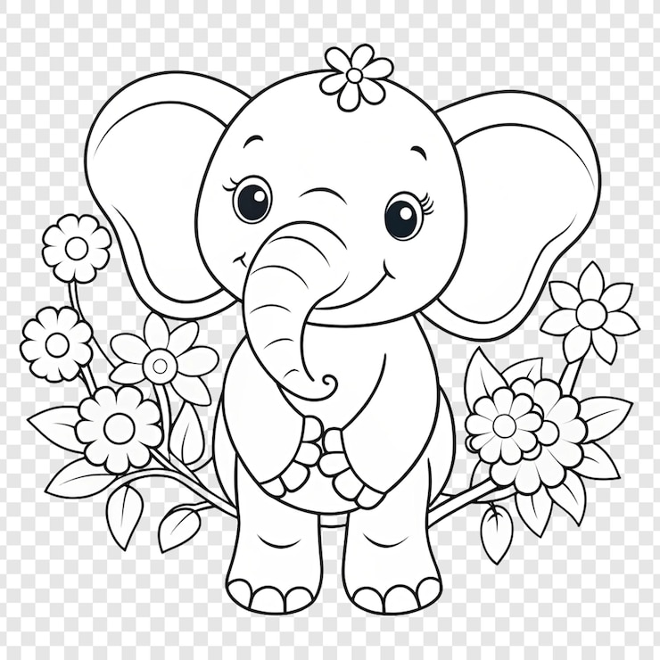 PSD un éléphant avec des fleurs sur un fond transparent