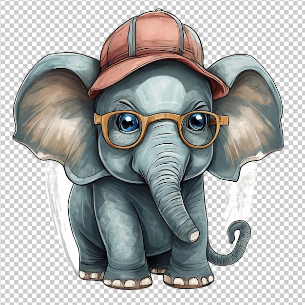 PSD elephant mignon portant un casque de safari et des lunettes illustration vectorielle de dessin animé isolée sur un fond transparent