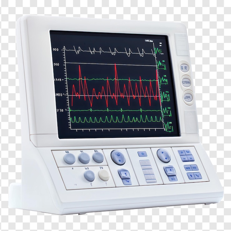 PSD elettrocardiografo con un monitor che mostra l'attività cardiaca isolata su uno sfondo trasparente