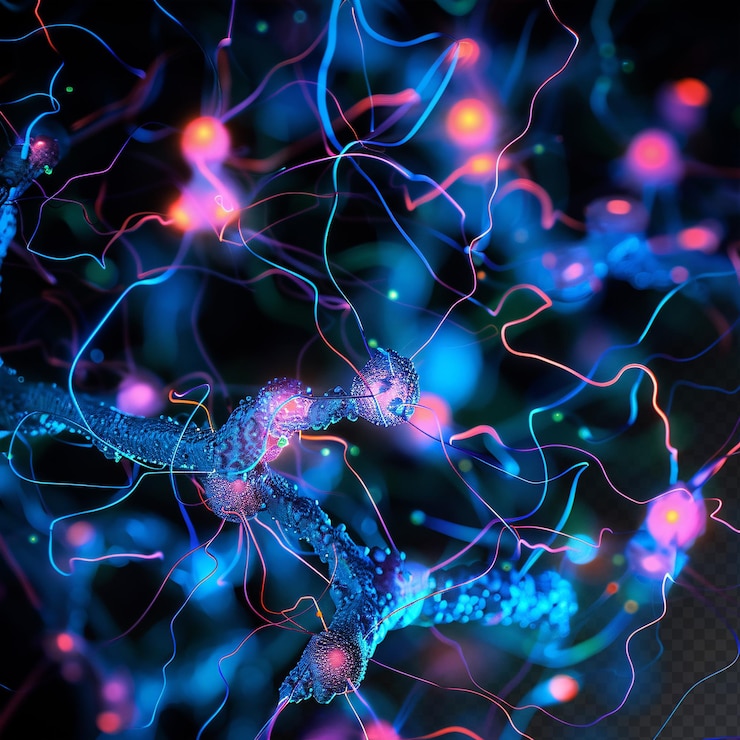 PSD elettroni di neon luminosi visti attraverso un microscopio elettronico