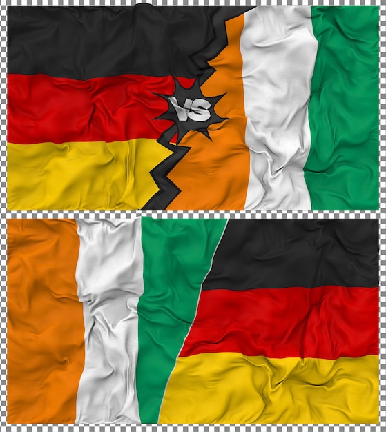 Elfenbeinküste gegen Deutschland Halbe kombinierte Flagge Stoff-Bump-Textur 3D-Rendering