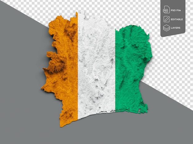 Elfenbeinküste, Karte, Cote d39Ivoire-Flagge, schattiertes Relief, Farbhöhenkarte auf grauem Hintergrund, 3D