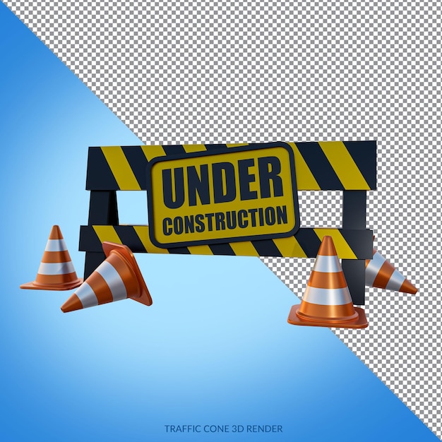 PSD em construção com renderização 3d de cones de tráfego