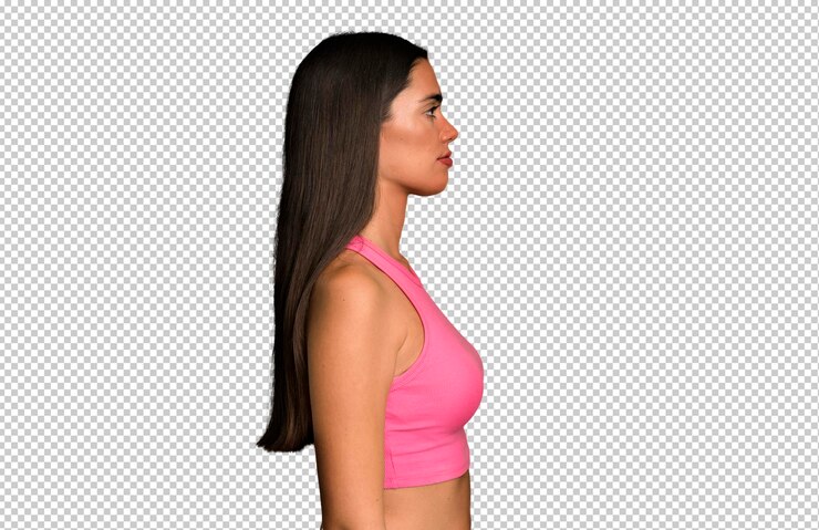 PSD em vista de perfil olhando para copiar o espaço à frente pensando imaginando ou sonhando acordado