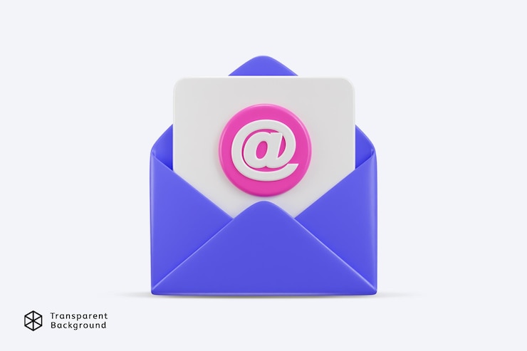 PSD email icon on purple envelope with at the rate sign 3d render