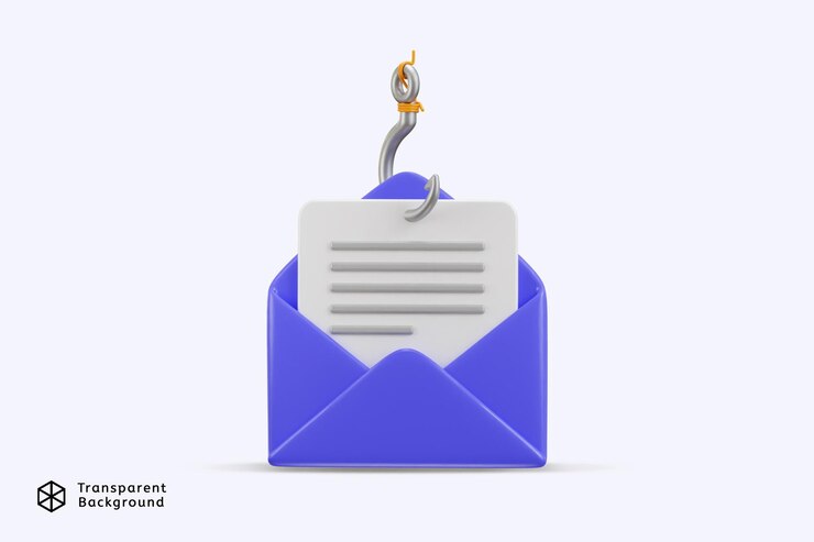 PSD email phishing pada ikon keamanan siber render 3d ilustrasi vektor