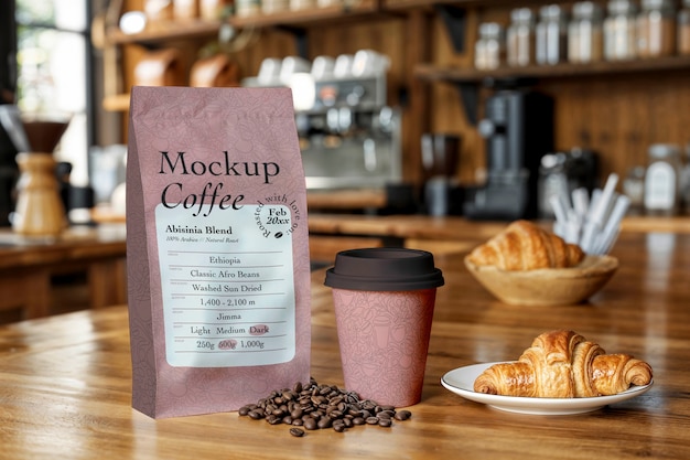 Embalagem de café em maquete de cafeteria