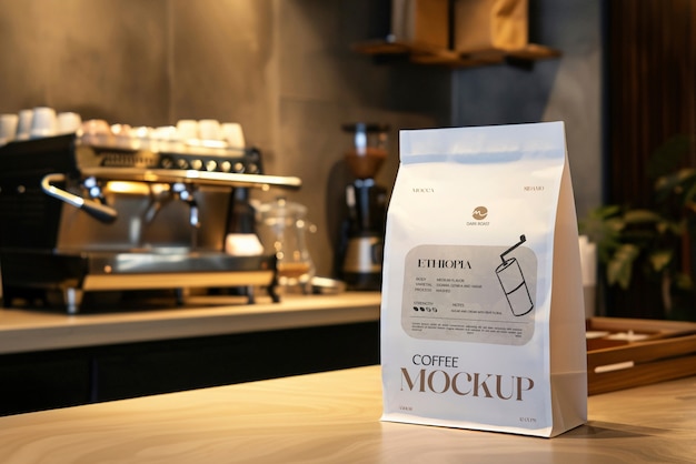 Embalagem de café em maquete de cafeteria