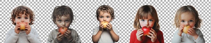 PSD embalagem de criança comendo uma maçã isolada contra um fundo transparente para promover hábitos alimentares saudáveis conjunto de marketing de nutrição ou estilo de vida familiar