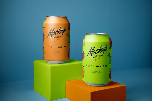 Embalagem de latas de refrigerante em blocos coloridos