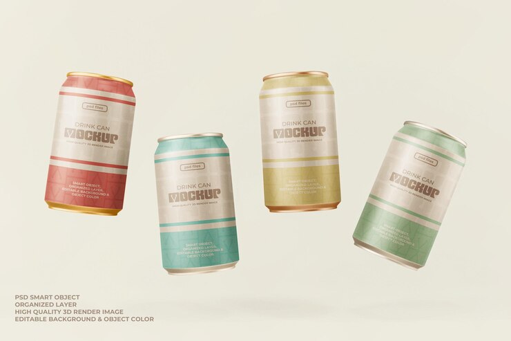 Embalagem flutuante de lata de refrigerante de bebida Mockup Matte Glossy Cor 3D editável Renderização realista