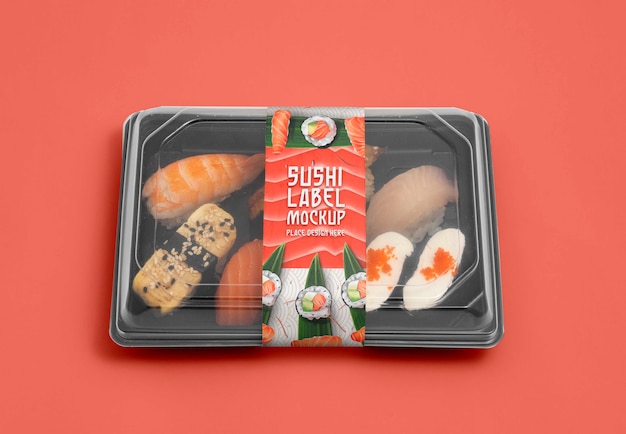 PSD embalagens plásticas para alimentos com maquete de rótulo de sushi