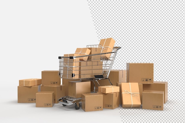 Embalaje de cajas de cartón de papel con carritos de la compra. Concepto de almacenamiento de almacén de entrega, carga, logística y transporte. Representación 3D