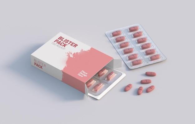 Embalaje de cartón con dos ampollas con píldoras de vitaminas Plantilla de maqueta Representación 3d