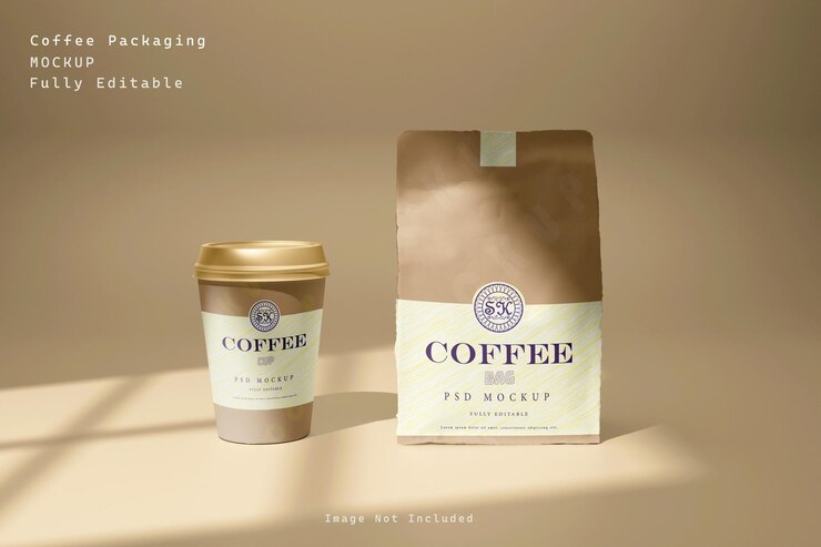 Embalaje ecológico Mockup de bolsa de café y vaso de papel PSD Premium