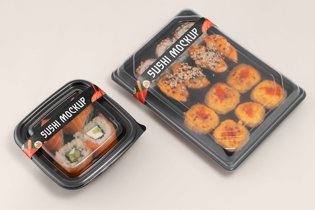 PSD emballage alimentaire en plastique avec maquette d'étiquette de sushi