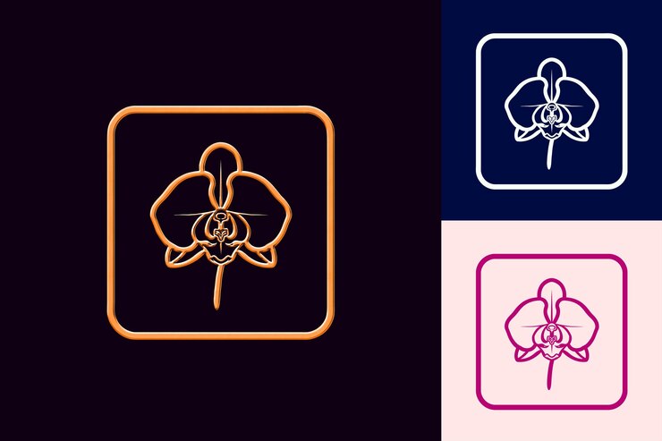 PSD emblema del fiore dell'icona dell'orchidea con un fiore a bordo curvo con disegni vettoriali unici ispirati alla natura
