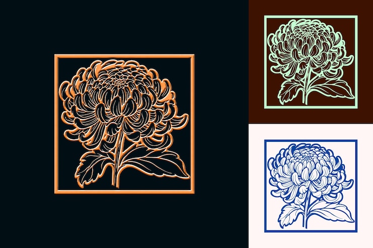 PSD emblema di fiori di crisantemo con disegni vettoriali unici decorativi ondulati ispirati alla natura