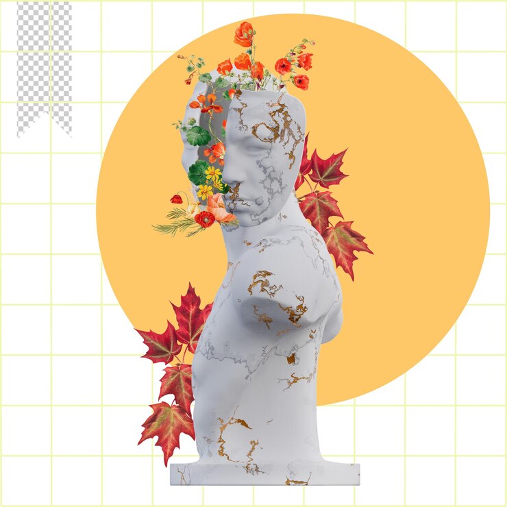PSD emil andreasen estatuas 3d hace collage con composiciones de pétalos de flores para su trabajo