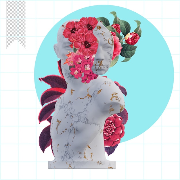 Emil Andreasen Statuen 3D-Rendering Collage mit Blütenblättern Kompositionen für Ihre Arbeit
