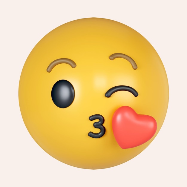 PSD emoji 3d emoji de rosto de beijo com ícone de coração vermelho isolado em fundo cinza ilustração de renderização 3d clip de caminho