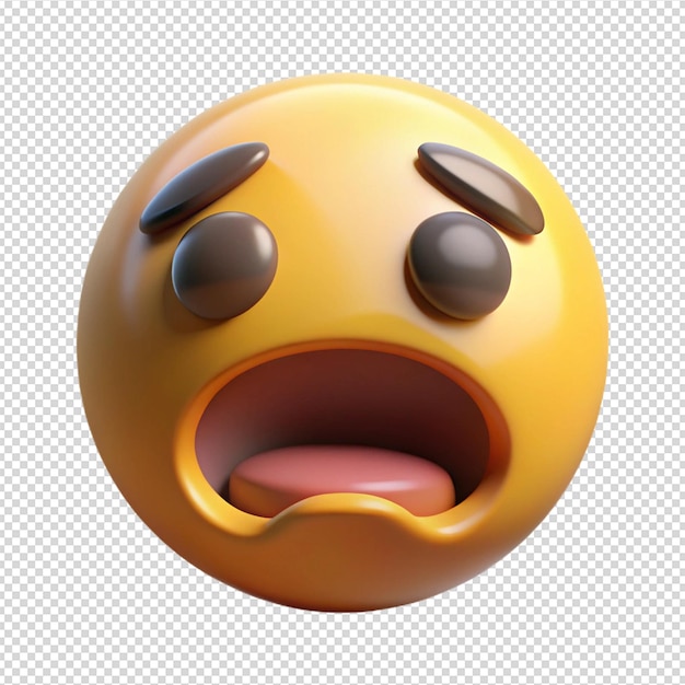 Un emoji 3D avec une expression choquée, des yeux larges, une bouche ouverte, un fond transparent.
