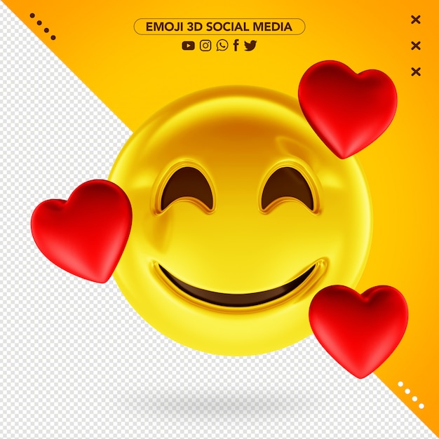 Emoji 3D muito apaixonado com corações 3D ao redor