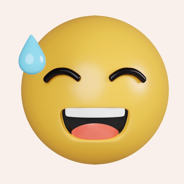 Emoji de cara sonriente 3d con cara sonriente de sudor con la boca abierta y el icono de sudor frío aislado en gris