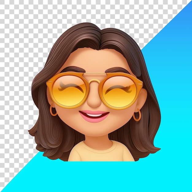 PSD emoji de una chica sonriente con gafas de sol amarillas