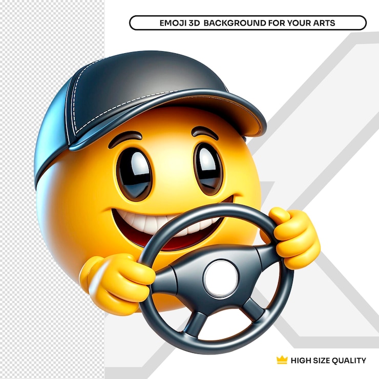 PSD emoji de motorista com rosto sorridente amarelo 3d com um volante e um sorriso nele