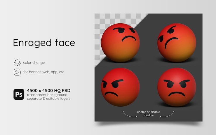PSD emoji de rosto enfurecido em ícone 3d fosco e texturizado definido em fundo transparente
