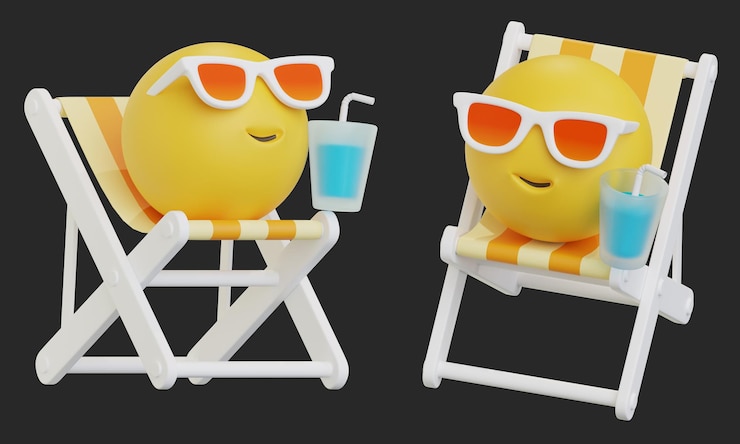 PSD emoji de rosto sentado em uma cadeira em um resort e bebendo uma bebida ícone 3d