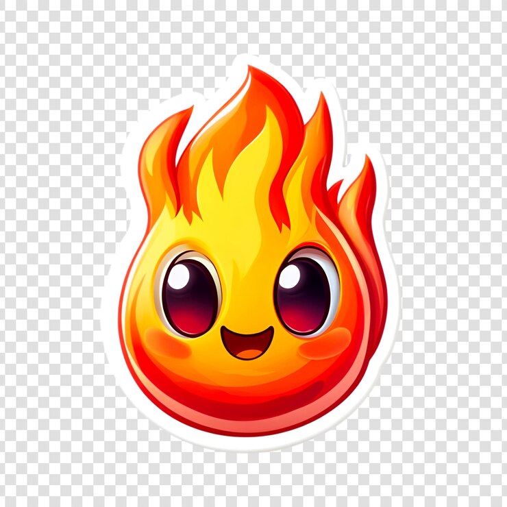 PSD emoji de fuego de dibujos animados con una expresión feliz en un fondo transparente
