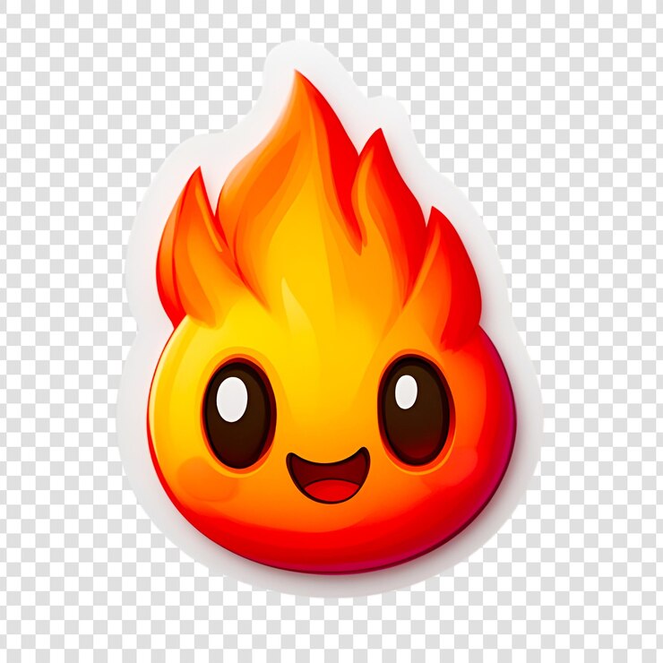 PSD emoji de fuego de dibujos animados con una expresión feliz en un fondo transparente
