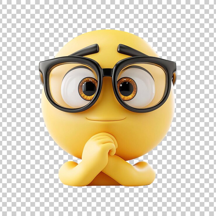 PSD emoji pensativo con gafas y una expresión curiosa en un fondo transparente
