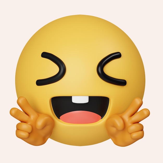 Emoji de sonrisa 3d con emoticono de dos dedos que muestra el icono V aislado en fondo gris Ilustración de representación 3D Trazado de recorte