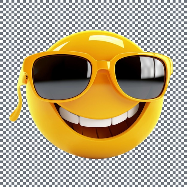 Emoticon amarillo sonriente con gafas de sol aisladas en un fondo transparente