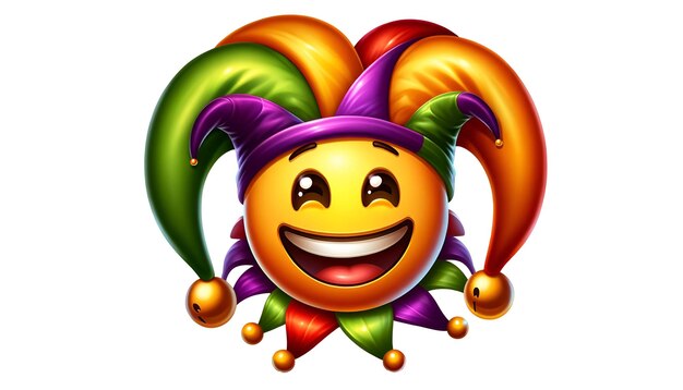 PSD un emoticon mignon réaliste portant un chapeau de bouffon coloré pour la fête des imbéciles.