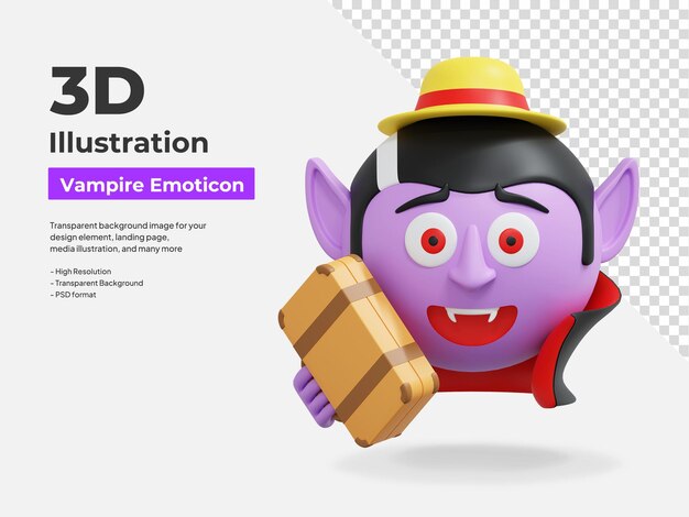 PSD emoticón de vampiro con bolsa de viaje ilustración de icono 3d